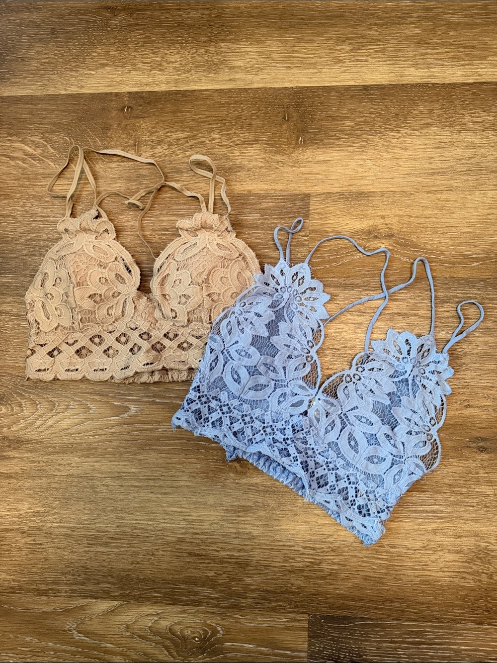 Peach Love California Lace Bralette Duo in Beige and Light Blue